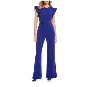 calvin klein black jumpsuit ruffle sleeve